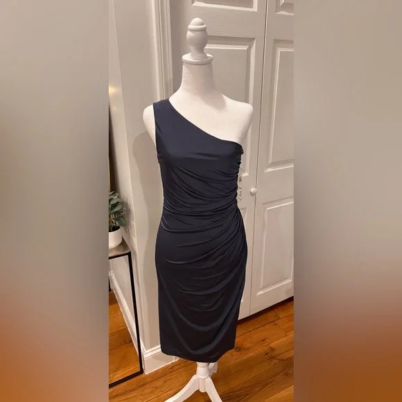 Eliza J Gray Ruched One Shoulder Cocktail Dress | Size 6 | Steel - Picture 2 of 11